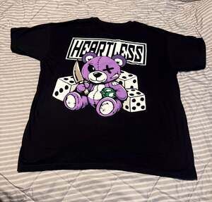 Heartless Graphic T-Shirt Black Purple Teddy Bear Dice Print